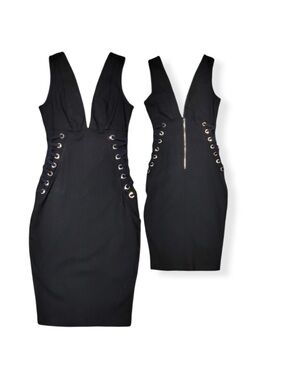 iris Black Plunge V-Neck Bodycon Dress with Grommet Lace-Up
